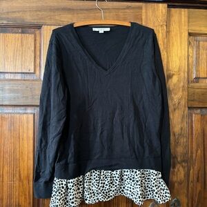 LOFT Black V-Neck Sweater with Polka Dot Ruffle
